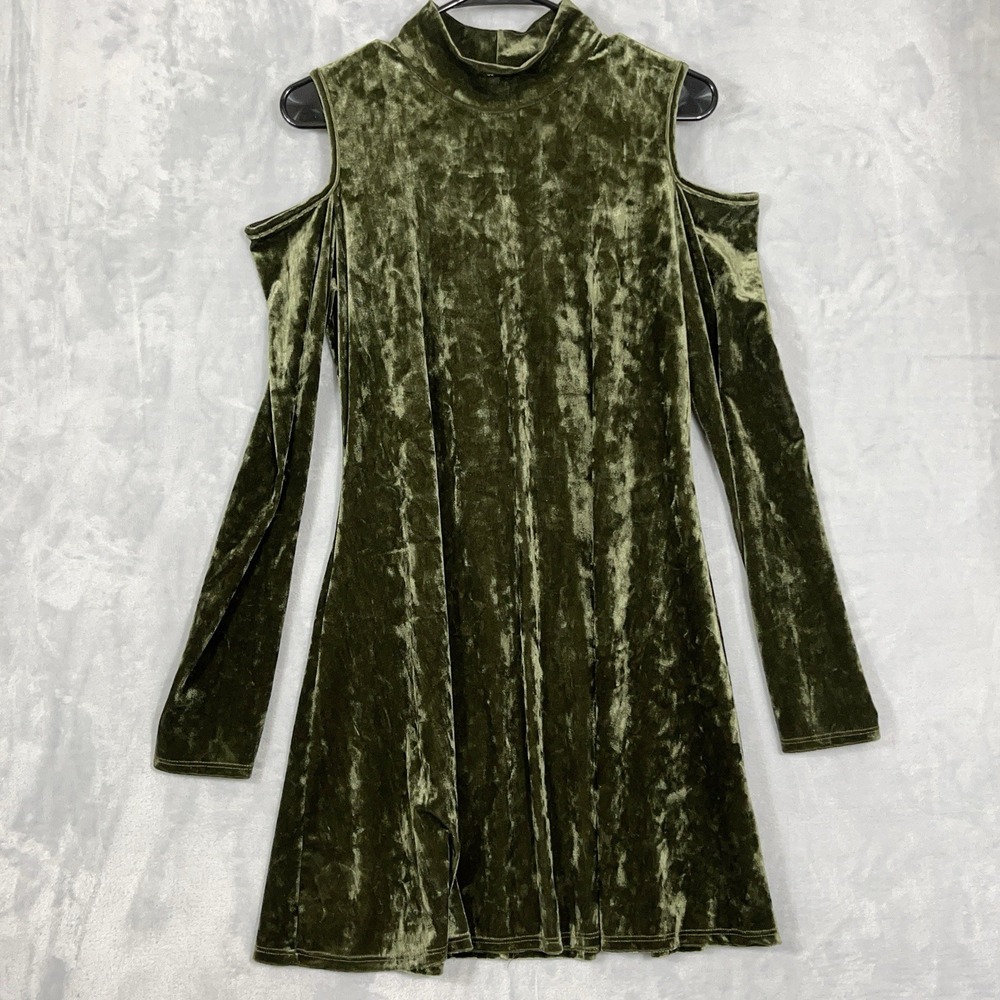 Crushed Velvet Mini Dress Cold Shoulder Stretch Green 3/4 Sleeve Bodycon Party L